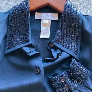Vintage Jones New York - Beaded Silk long sleeve navy shirt size 6